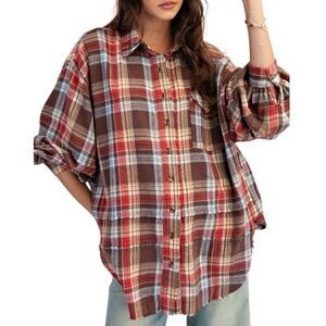 NWT🤎Easel Keep it Cozy Plaid Top Small Oversized Mocha